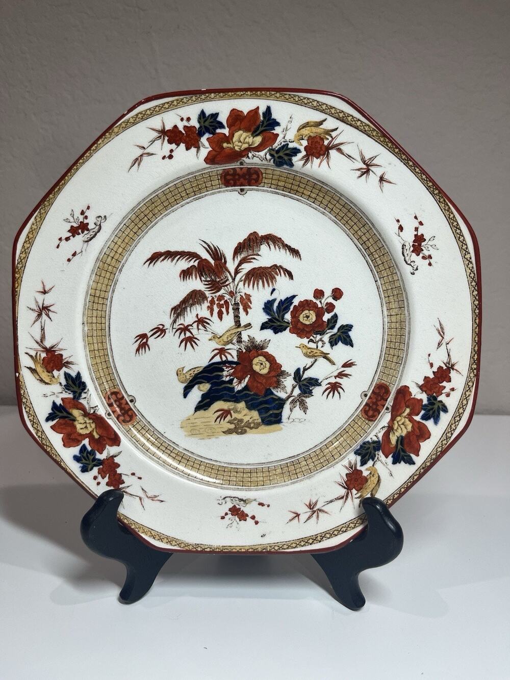 Antique 1870s Wedgwood Octagonal Plate – Palm Tree, Birds & Flowers – Rare!